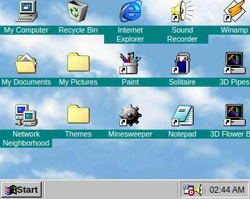 Windows 98 desktop recreation with Minesweeper, Paint, and other programs